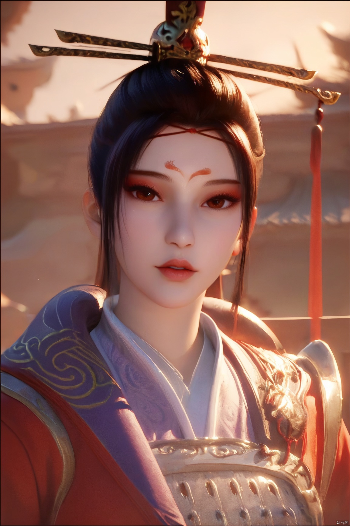 score_9, score_8_up, score_7_up,highly detailed digital,1girl, solo, long hair, looking at viewer, brown hair, black hair, hair ornament, brown eyes, upper body, parted lips,lips, makeup, facial mark, chinese clothes, forehead mark, red lips, hair stick