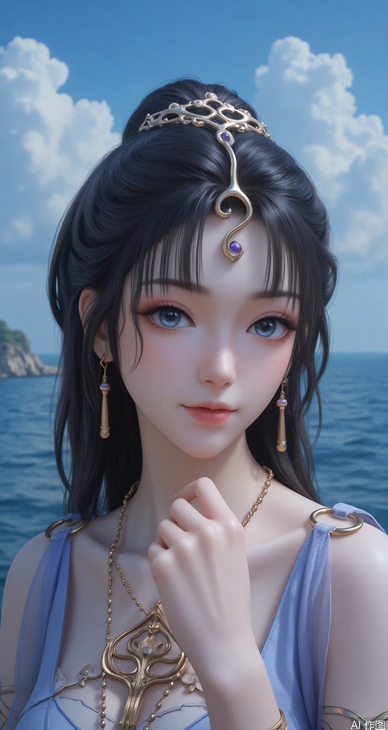 lvjing,baoshi,twensiyue,a stunning beauty,black hair,blue eyes,exquisite headcrown with one hand on your face,(looking_back:1.1),show affectionate eyes,the background is the blue sea under the blue sky and white clouds,close-up,portrait,
Close-up details,outstanding style,adding a touch of dimension to your images without compromising details,close-up,,lvjing,