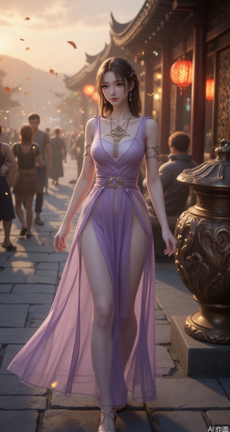 lvjing,baoshi,wensiyue,a beautiful woman is wearing 1 sleeveless Purple dress,she is wearing a Purple sleeveless dress,long dress,adorned with a silver necklace and earrings,slim_legs,sandals,high heeled sandals,adding a touch of color to the scene,adding texture to the overall composition. To the right of the woman,short hair,the background is a chinese ancient building under the sunshine,a large number of pets and leaves flying in the air,a large number of fireflies fly in the air,white theme,close-up,looking_at_viewer,
Close-up details,outstanding style,adding a touch of dimension to your images without compromising details,close-up,,lvjing,