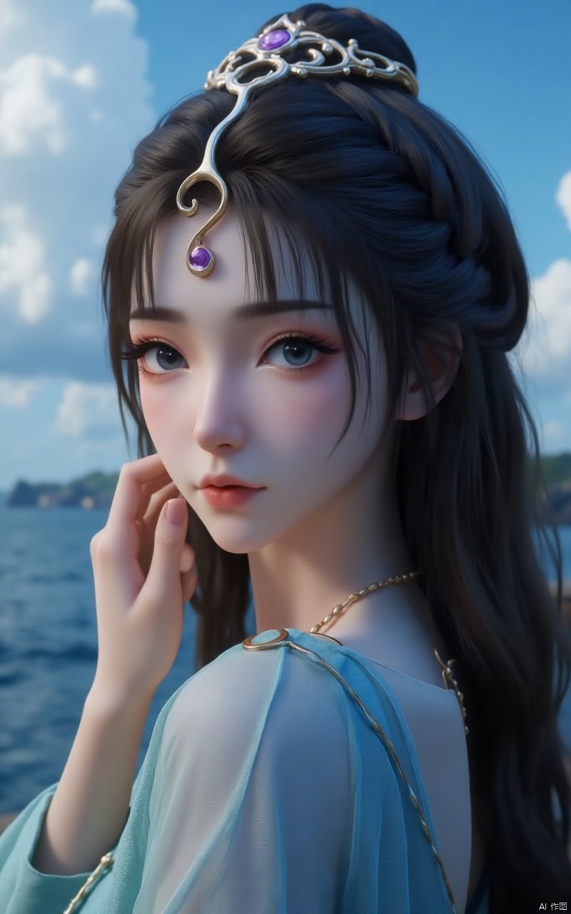 wensiyue,a stunning beauty,black hair,blue eyes,exquisite headcrown with one hand on your face,(looking_back:1.1),show affectionate eyes,the background is the blue sea under the blue sky and white clouds,close-up,portrait,close-up,Close-up details,outstanding style,adding a touch of dimension to your textures, iridescent images without compromising details,(Anime:1.1),ethereal ambiance,delicate details,magical high-concept,32K UHD,sharp focus,best-quality,masterpiece,golden hour,unconventional supreme masterpiece,masterful details,temperate atmosphere,with a high-end texture,in the style of fashion photography,photography,cover,Dynamic Angle,Dynamic posture,(artist:quasarcake:0.8),extreme aesthetic,(wlop:0.6),(honjou raita,lack,rella:0.5, wanke),masterpiece,best quality,good quality,news,very aesthetic,absurdres,Visual impact,A shot with tension,ultra-high resolution,32K UHD,sharp focus,best-quality,masterpiece,Emotionalization,unconventional supreme masterpiece,masterful details,temperate-end, atmosphere, texture with a high, in the style of fashion photography,(Visual impact:1.2),giving the poster a dynamic and visually striking appearance,impactful picture,offcial art,colorful,splash of color,movie perspective,masterpiece,best quality,amazing quality,very aesthetic,absurdres,best quality,new,