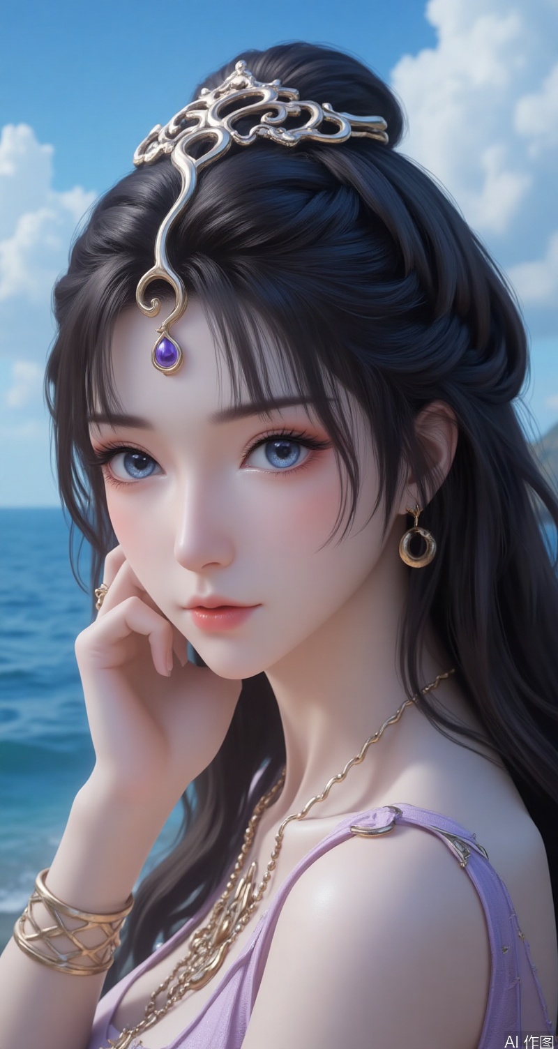 lvjing,baoshi,twensiyue,a stunning beauty,black hair,blue eyes,exquisite headcrown with one hand on your face,(looking_back:1.1),show affectionate eyes,the background is the blue sea under the blue sky and white clouds,close-up,portrait,
Close-up details,outstanding style,adding a touch of dimension to your images without compromising details,close-up,,lvjing,