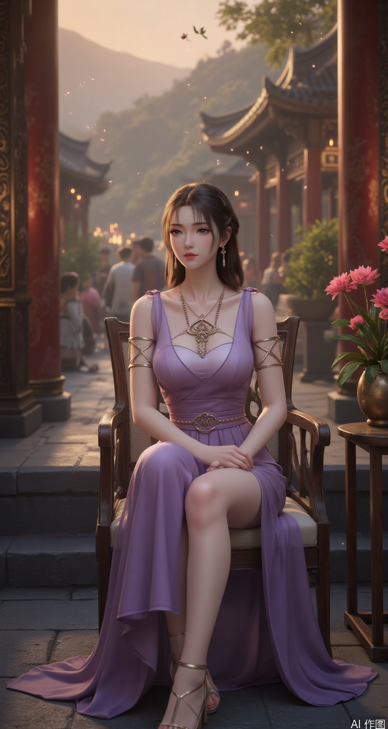 lvjing,baoshi,wensiyue,a beautiful woman is wearing 1 sleeveless Purple dress,she is wearing a Purple sleeveless dress,long dress,adorned with a silver necklace and earrings,slim_legs,sandals,high heeled sandals,chair,sitting_on_chair,crossed_legs,adding a touch of color to the scene,adding texture to the overall composition. To the right of the woman,short hair,the background is a chinese ancient building under the sunshine,a large number of pets and leaves flying in the air,a large number of fireflies fly in the air,white theme,close-up,looking_at_viewer,
Close-up details,outstanding style,adding a touch of dimension to your images without compromising details,close-up,,lvjing,