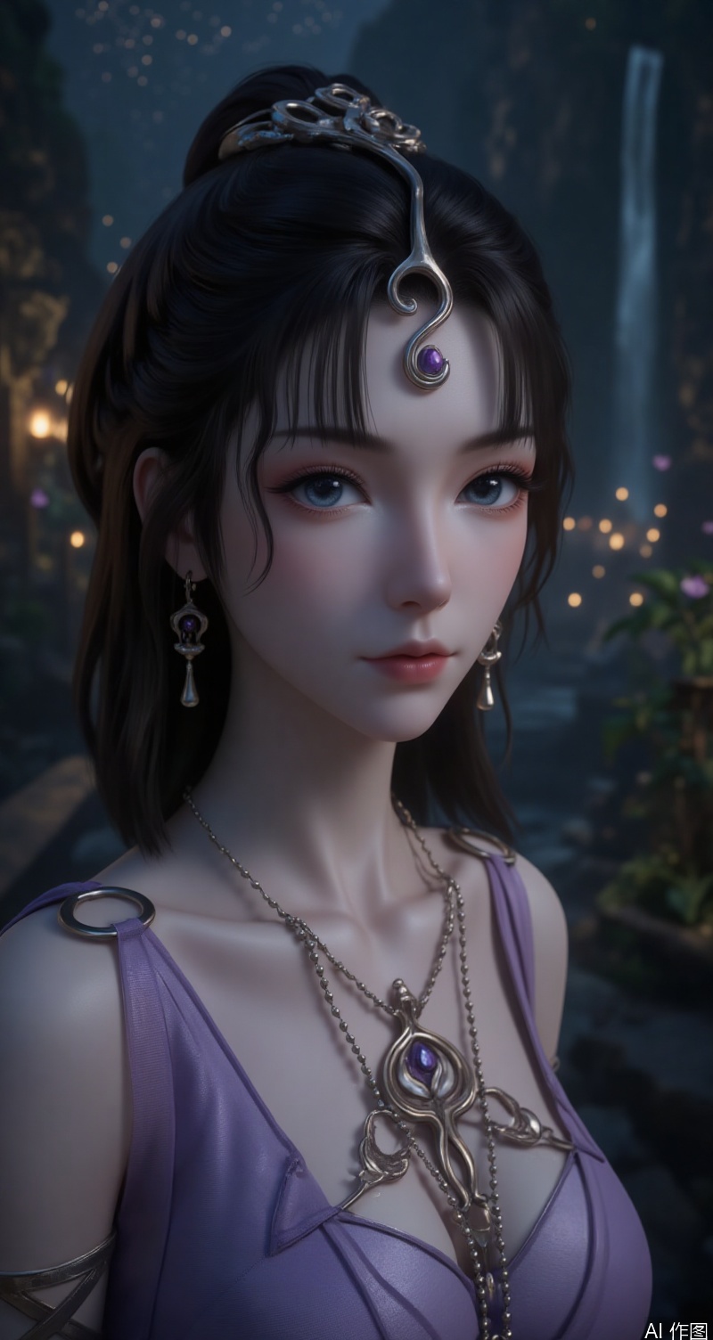 lvjing,baoshi,wensiyue,a beautiful woman is wearing 1 sleeveless purple dress,she is wearing a purple sleeveless dress,adorned with a silver necklace and earrings,adding a touch of color to the scene. The woman's eyes are a piercing blue,and her lips are a darker shade of brown. Her dress is adorned with silver straps,adding texture to the overall composition. To the right of the woman,short hair,the background is a waterfall under the stars,a large number of petals and leaves flying in the air,a large number of fireflies fly in the air,green_theme,
Close-up details,outstanding style,adding a touch of dimension to your images without compromising details,close-up,,lvjing,