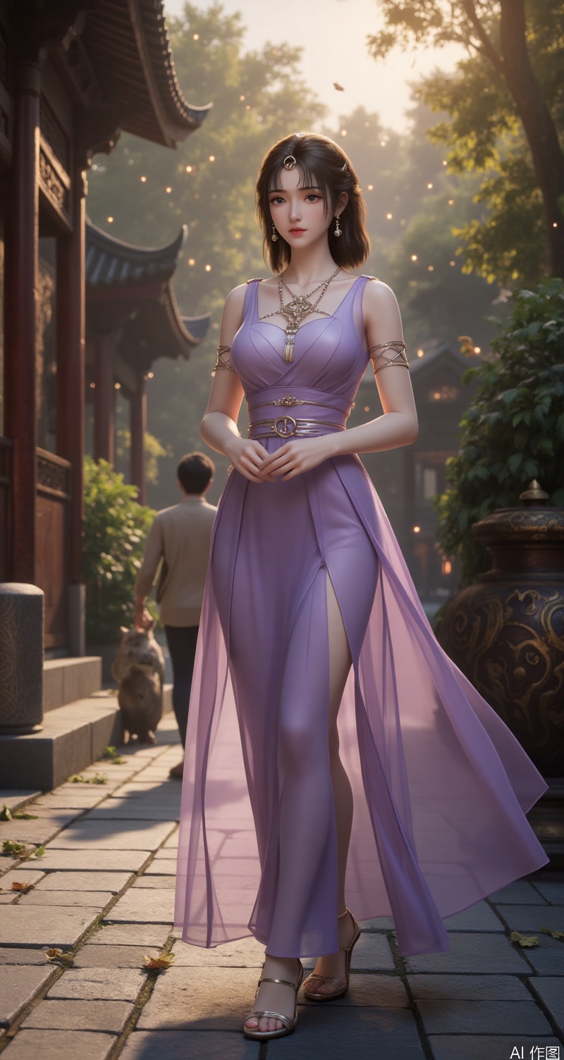 lvjing,baoshi,wensiyue,a beautiful woman is wearing 1 sleeveless Purple dress,she is wearing a Purple sleeveless dress,long dress,adorned with a silver necklace and earrings,slim_legs,sandals,high heeled sandals,adding a touch of color to the scene,adding texture to the overall composition. To the right of the woman,short hair,the background is a chinese ancient building under the sunshine,a large number of pets and leaves flying in the air,a large number of fireflies fly in the air,white theme,close-up,looking_at_viewer,
Close-up details,outstanding style,adding a touch of dimension to your images without compromising details,close-up,,lvjing,