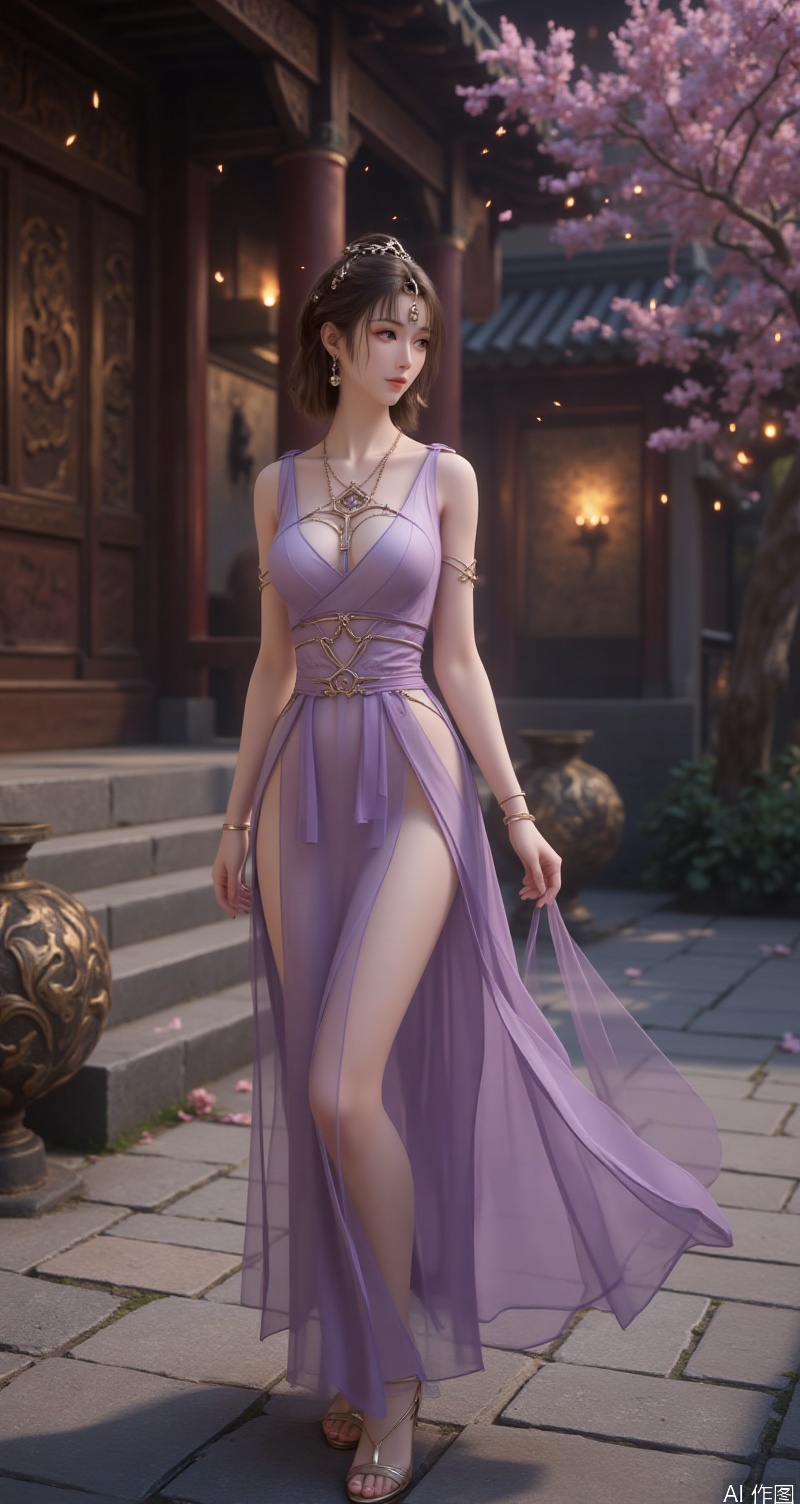 lvjing,baoshi,wensiyue,a beautiful woman is wearing 1 sleeveless Purple dress,she is wearing a Purple sleeveless dress,long dress,adorned with a silver necklace and earrings,slim_legs,sandals,high heeled sandals,adding a touch of color to the scene,adding texture to the overall composition. To the right of the woman,short hair,the background is a chinese ancient building under the sunshine,a large number of pets and leaves flying in the air,a large number of fireflies fly in the air,white theme,close-up,looking_at_viewer,
Close-up details,outstanding style,adding a touch of dimension to your images without compromising details,close-up,,lvjing,
