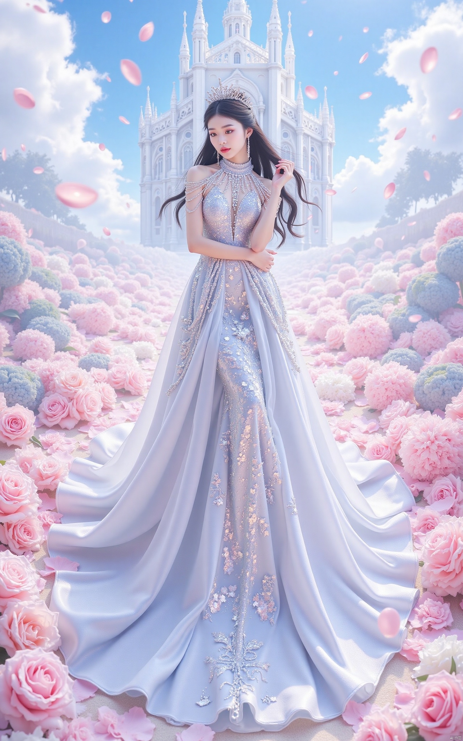 ,hunsha,a beautiful woman in a 1 sparkling sleeveless dress,black hair,long hair,blue eyes,a woman stands in a long,flowing,silver,looking_at_viewer,(front view:1.2),in the background is the 1 majestic church,stenciled_rose,white rose,pink rose,a large number of rose petals flying in the air,pink_theme,balloon,plenty of bubbles flying in the air,the blue sky,white clouds,,