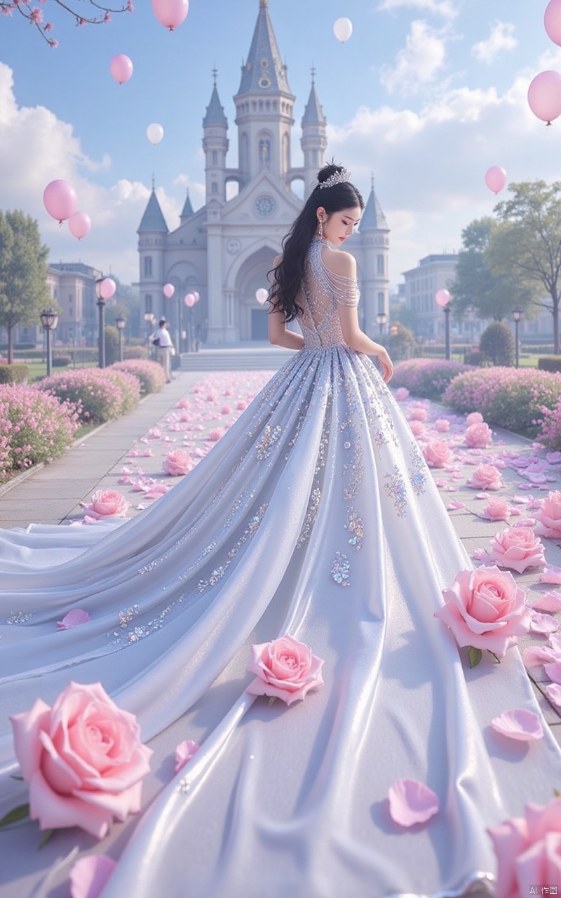 ,hunsha,a beautiful woman in a 1 sparkling sleeveless dress,black hair,long hair,blue eyes,a woman stands in a long,flowing,silver,looking_at_viewer,(front view:1.2),in the background is the 1 majestic church,stenciled_rose,white rose,pink rose,a large number of rose petals flying in the air,pink_theme,balloon,plenty of bubbles flying in the air,the blue sky,white clouds,,