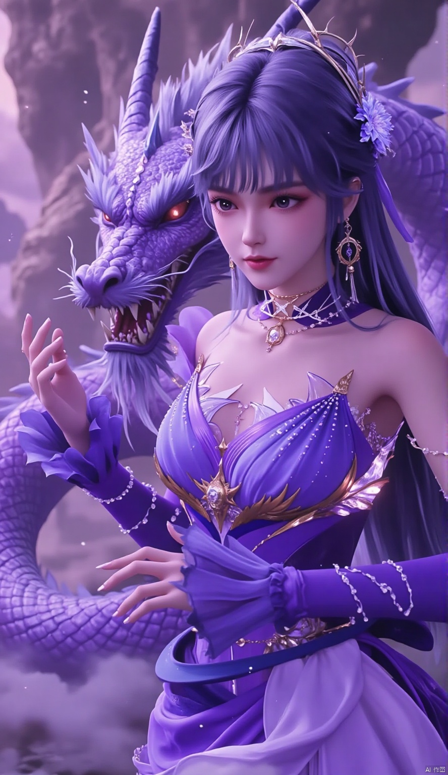 A realistic photo-shoot features a purple-clad woman alongside a Chinese dragon,embodying a fantasy surrealism that creates a mystical and ethereal atmosphere.The colors are vibrant and vivid.The dragon coils gracefully around her,while the woman wears a purple dress adorned with gold threads.The flowing fabrics and intricate patterns of her dress add to the elegance.She has a serene and confident expression,striking a dynamic pose as she interacts naturally with the dragon.The background could be a magical forest or an ethereal sea of clouds,with soft,glowing ambient light and shimmering scales on the dragon.The use of shadows and highlights is delicate.Floral and natural elements are integrated into the scene,with a soft breeze effect on her hair and clothes,and sparkling mystical dust or particles in the air.The overall mood is dreamlike and enchanting,with detailed depictions of the face,hands,and feet,and an elegant pose.