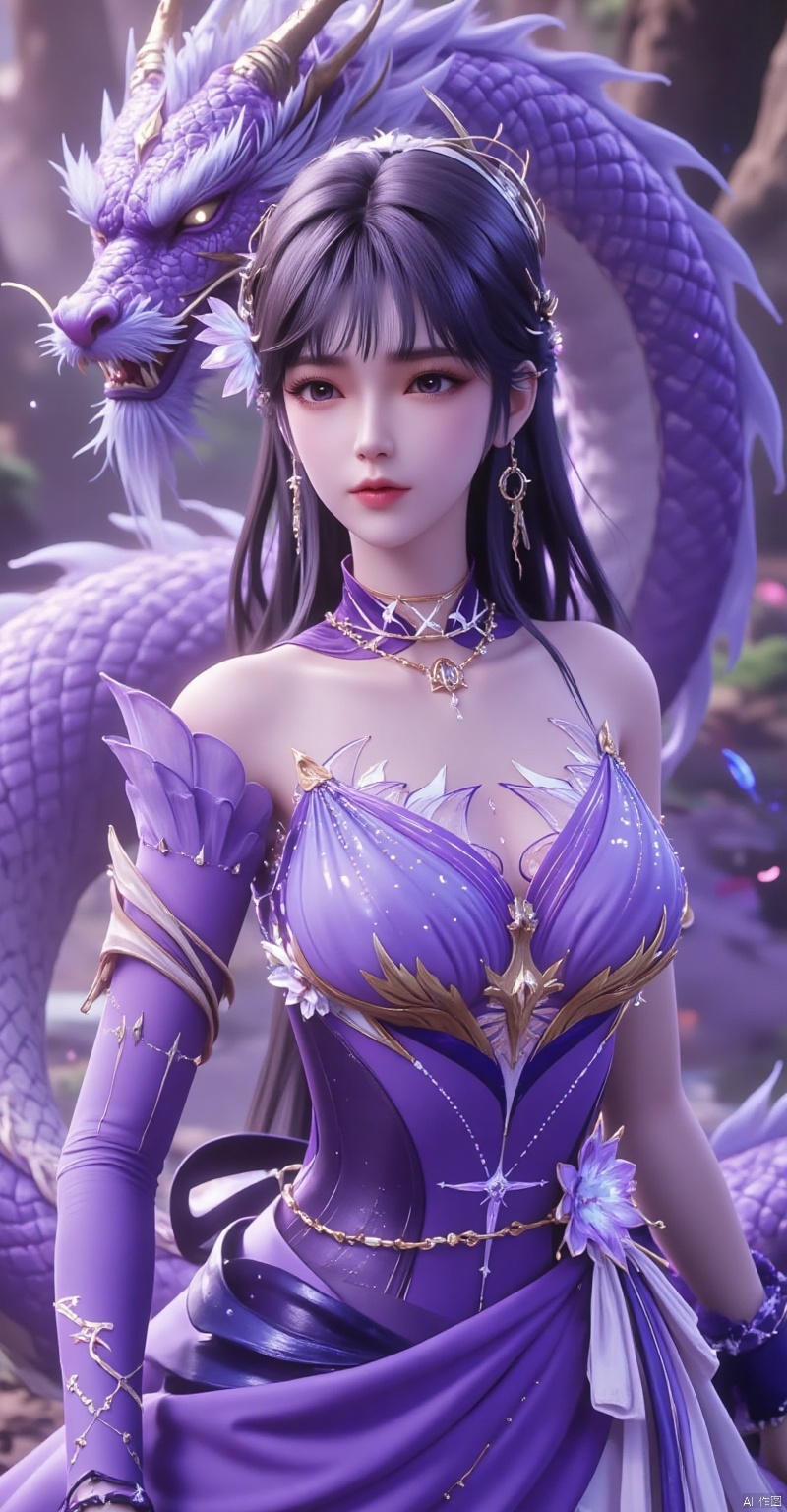 A realistic photo-shoot features a purple-clad woman alongside a Chinese dragon,embodying a fantasy surrealism that creates a mystical and ethereal atmosphere.The colors are vibrant and vivid.The dragon coils gracefully around her,while the woman wears a purple dress adorned with gold threads.The flowing fabrics and intricate patterns of her dress add to the elegance.She has a serene and confident expression,striking a dynamic pose as she interacts naturally with the dragon.The background could be a magical forest or an ethereal sea of clouds,with soft,glowing ambient light and shimmering scales on the dragon.The use of shadows and highlights is delicate.Floral and natural elements are integrated into the scene,with a soft breeze effect on her hair and clothes,and sparkling mystical dust or particles in the air.The overall mood is dreamlike and enchanting,with detailed depictions of the face,hands,and feet,and an elegant pose.