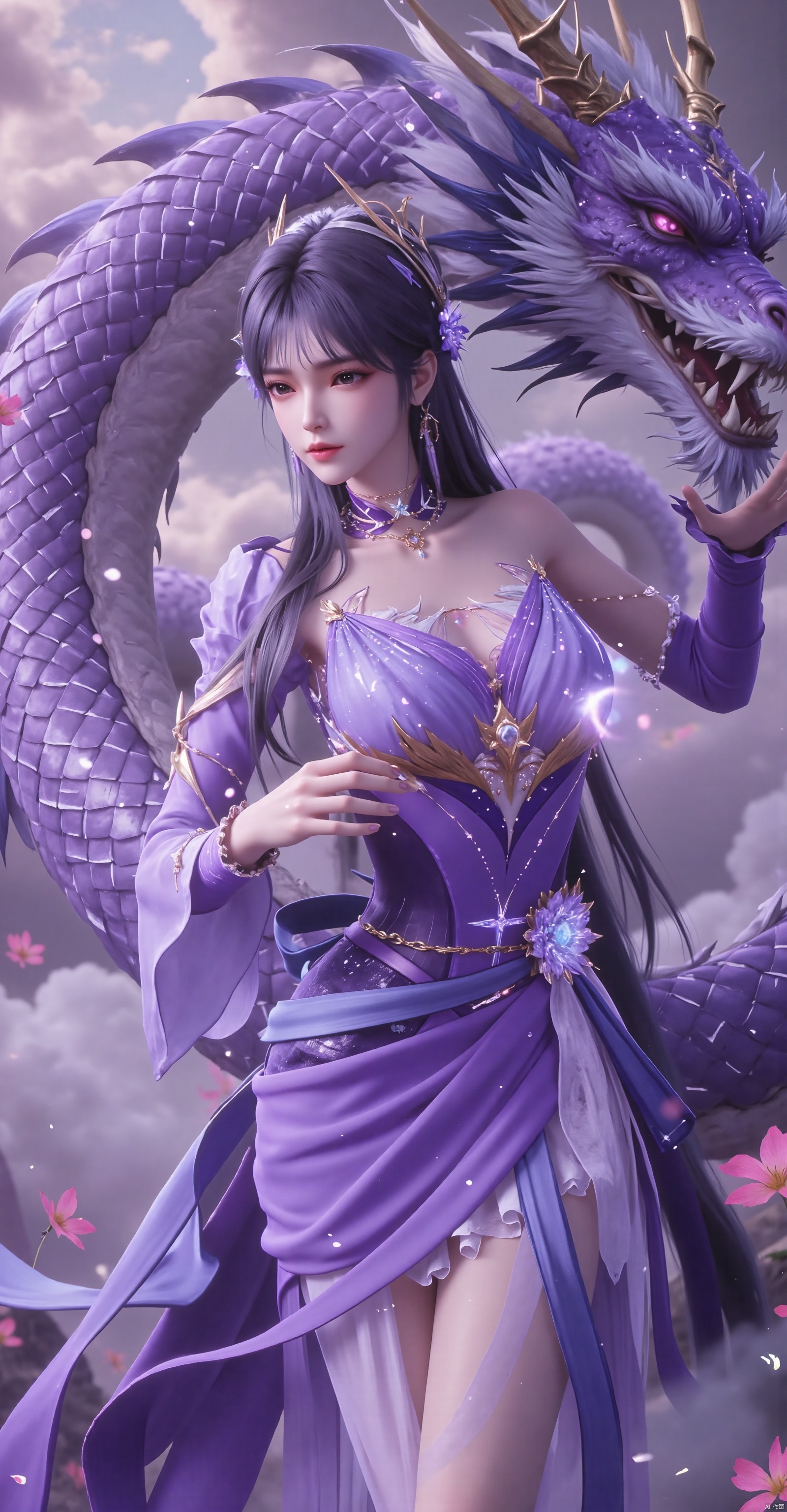A realistic photo-shoot features a purple-clad woman alongside a Chinese dragon,embodying a fantasy surrealism that creates a mystical and ethereal atmosphere.The colors are vibrant and vivid.The dragon coils gracefully around her,while the woman wears a purple dress adorned with gold threads.The flowing fabrics and intricate patterns of her dress add to the elegance.She has a serene and confident expression,striking a dynamic pose as she interacts naturally with the dragon.The background could be a magical forest or an ethereal sea of clouds,with soft,glowing ambient light and shimmering scales on the dragon.The use of shadows and highlights is delicate.Floral and natural elements are integrated into the scene,with a soft breeze effect on her hair and clothes,and sparkling mystical dust or particles in the air.The overall mood is dreamlike and enchanting,with detailed depictions of the face,hands,and feet,and an elegant pose.