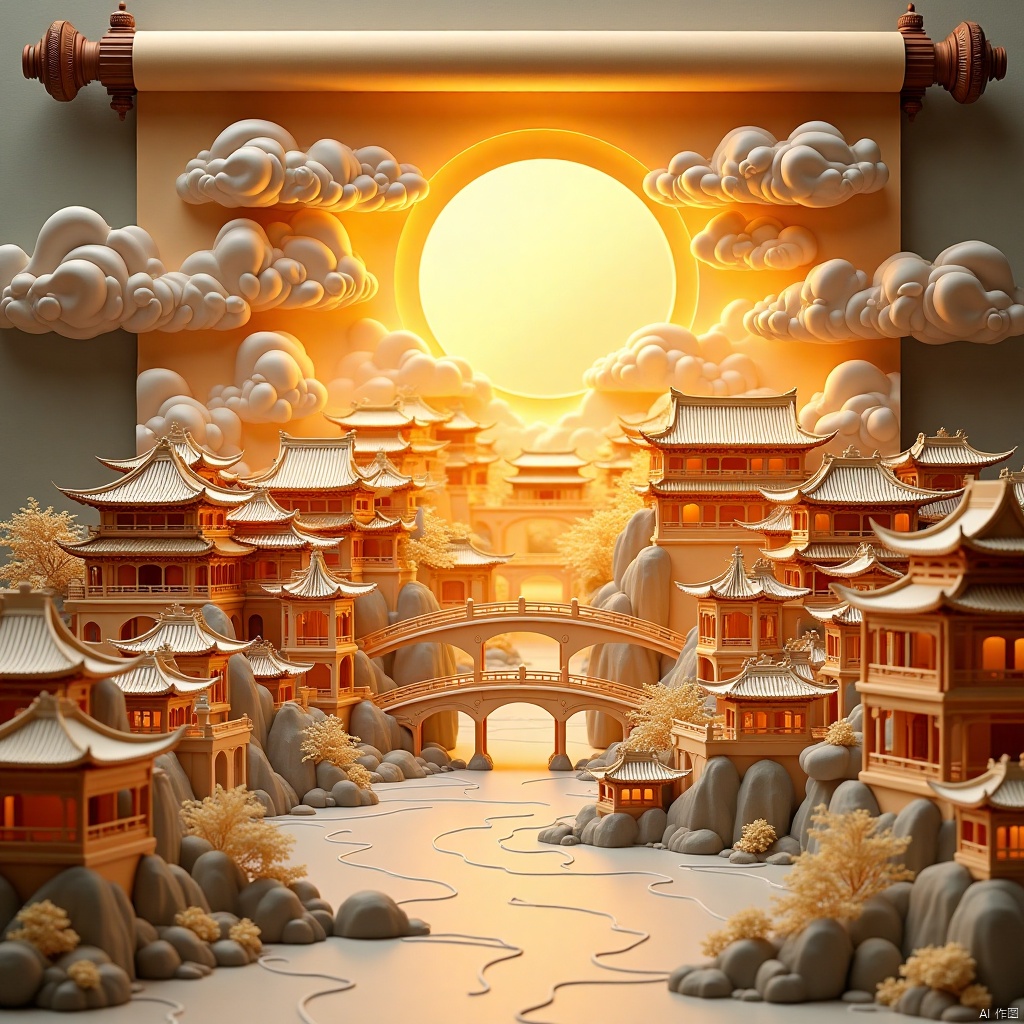 The entire scroll is dotted with three-dimensional figures, magnificent buildings, the bright moon, clouds, cloud pillars, rivers and wooden bridges (three-dimensional Chinese classical town architecture, level 0.9), (yellow light, level 0.9), showing origami effect, three-dimensional relief style , lifelike details, sculptural feel, 8K high-definition painting, Scroll of ancient painting
