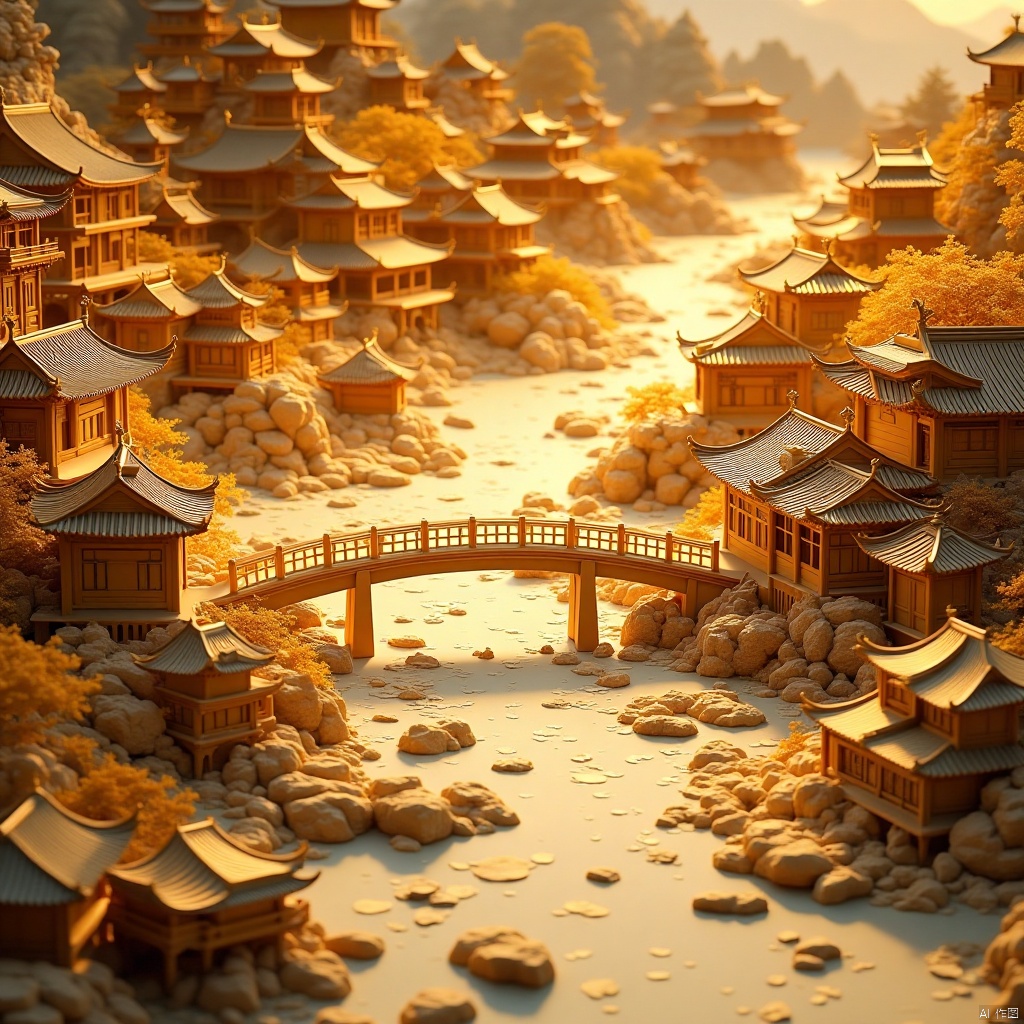 Scroll of ancient painting,The scene features a continuous wall **** of a long scroll of ancient poetry,which curves in a manner consistent with the reference image. An ancient"Qingming River Map'scroll is opened,you can see the scroll's unopenedend,there are three-dimensional characters,buildings,rivers,wooden Bridges scattered in thewhole scroll,three-dimensional classical Chinese town architecture,(yellow lighting:0.9),origami,three-dimensional relief style,realistic details,engraving,HD 8k,