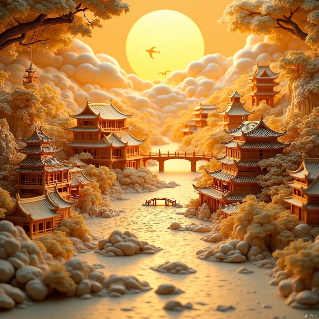 The entire scroll is dotted with three-dimensional figures, magnificent buildings, the bright moon, clouds, cloud pillars, rivers and wooden bridges (three-dimensional Chinese classical town architecture, level 0.9), (yellow light, level 0.9), showing origami effect, three-dimensional relief style , lifelike details, sculptural feel, 8K high-definition painting, Scroll of ancient painting