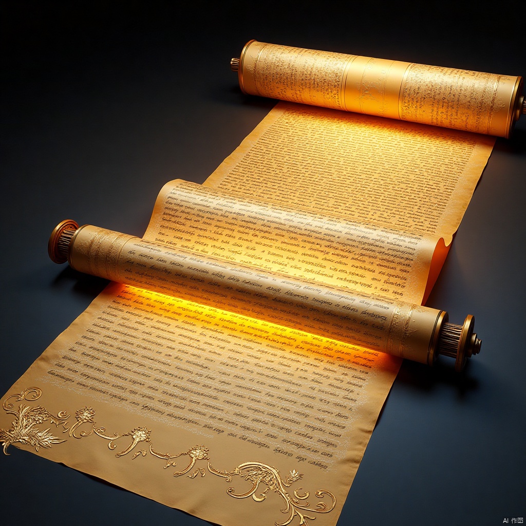 Nick Veasey,Three-dimensional Antique,Color Curve,Chen Jialing,Romantic Antique,Wang Ximeng,Huge rolled-up paper covered with calligraphy and scripture,glittering,backlighting,dark blue,Tyndall effect,ground Chinese paper covered with huge golden embroidered silk,silk light,silk light,gold lines,paper covered with a strip of silk satin full of words,32K,hdr,Scroll of ancient painting