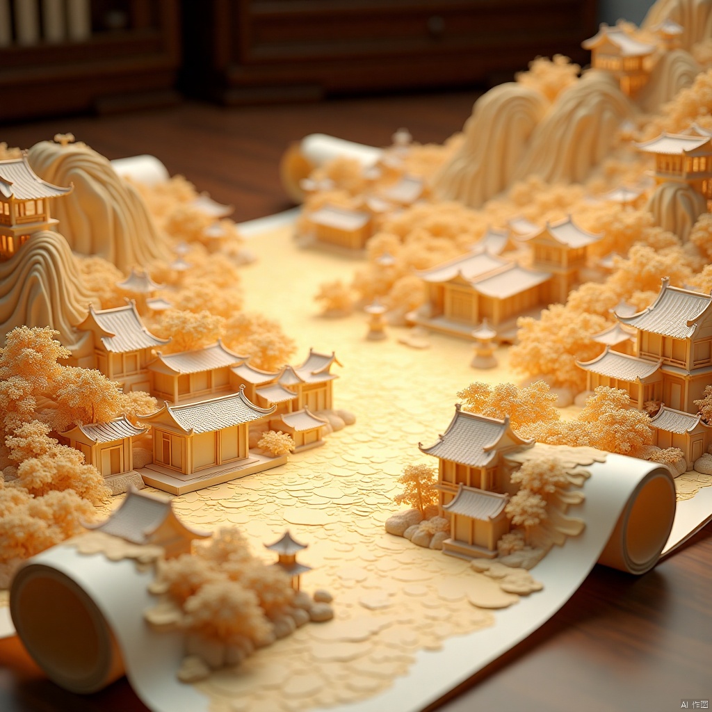 There is an unfolded scroll on the table,on which the figures and streets of the Southern and Northern Dynasties are beautifully carved,with a slight three-dimensional effect,like long ripples. The scroll is made of silk,extremely soft and translucent. At one end of each scroll there is a blank space filled with calligraphy.,
The overall presentation of the paper art roll paper art style,the use of light and shadow to create a miniature landscape,with high-definition details,subtle clear presentation,complex scenes,exquisite models,with a sense of relief,to create a surreal fantasy,full of fantastic ideas. Extraordinary quality,rich details,surreal style,using 3D rendering,global illumination,low-angle shooting,using texture light,edge light,close-up lens,focus composition,with biological fluorescence effect,showing Chinese antique,using self-luminous material. The overall color is beige,simulating the effect of light box,made of paper,made of C4D,with pearl-like texture,light background color,excellent picture quality,ethereal illustration,exquisite style and traditional Chinese animation characteristics.,, Scroll of ancient painting