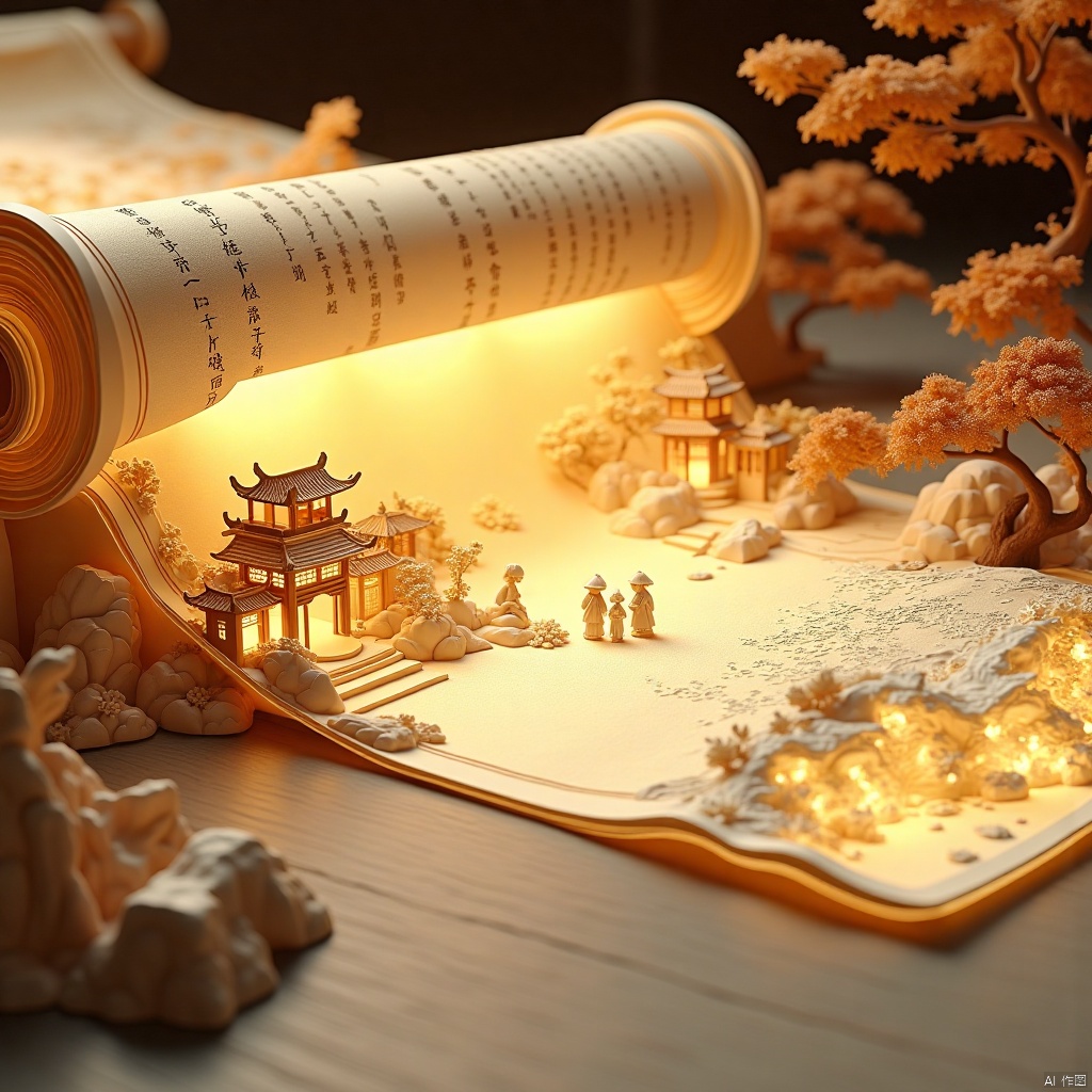 There is an unfolded scroll on the table,on which the figures and streets of the Southern and Northern Dynasties are beautifully carved,with a slight three-dimensional effect,like long ripples. The scroll is made of silk,extremely soft and translucent. At one end of each scroll there is a blank space filled with calligraphy.,
The overall presentation of the paper art roll paper art style,the use of light and shadow to create a miniature landscape,with high-definition details,subtle clear presentation,complex scenes,exquisite models,with a sense of relief,to create a surreal fantasy,full of fantastic ideas. Extraordinary quality,rich details,surreal style,using 3D rendering,global illumination,low-angle shooting,using texture light,edge light,close-up lens,focus composition,with biological fluorescence effect,showing Chinese antique,using self-luminous material. The overall color is beige,simulating the effect of light box,made of paper,made of C4D,with pearl-like texture,light background color,excellent picture quality,ethereal illustration,exquisite style and traditional Chinese animation characteristics.,, Scroll of ancient painting