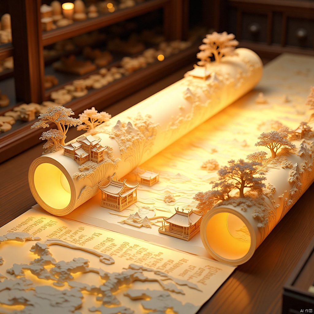 There is an unfolded scroll on the table,on which the figures and streets of the Southern and Northern Dynasties are beautifully carved,with a slight three-dimensional effect,like long ripples. The scroll is made of silk,extremely soft and translucent. At one end of each scroll there is a blank space filled with calligraphy.,
The overall presentation of the paper art roll paper art style,the use of light and shadow to create a miniature landscape,with high-definition details,subtle clear presentation,complex scenes,exquisite models,with a sense of relief,to create a surreal fantasy,full of fantastic ideas. Extraordinary quality,rich details,surreal style,using 3D rendering,global illumination,low-angle shooting,using texture light,edge light,close-up lens,focus composition,with biological fluorescence effect,showing Chinese antique,using self-luminous material. The overall color is beige,simulating the effect of light box,made of paper,made of C4D,with pearl-like texture,light background color,excellent picture quality,ethereal illustration,exquisite style and traditional Chinese animation characteristics.,, Scroll of ancient painting