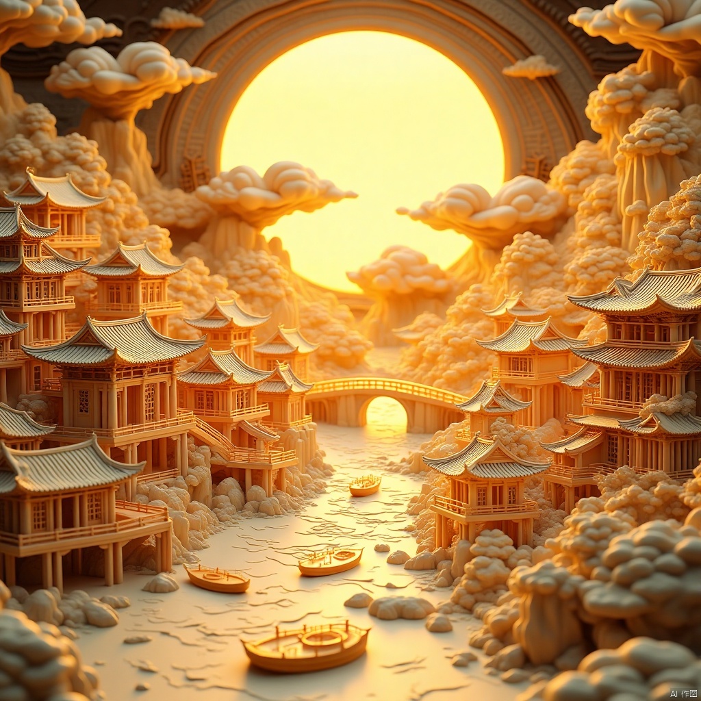 The entire scroll is dotted with three-dimensional figures, magnificent buildings, the bright moon, clouds, cloud pillars, rivers and wooden bridges (three-dimensional Chinese classical town architecture, level 0.9), (yellow light, level 0.9), showing origami effect, three-dimensional relief style , lifelike details, sculptural feel, 8K high-definition painting, Scroll of ancient painting