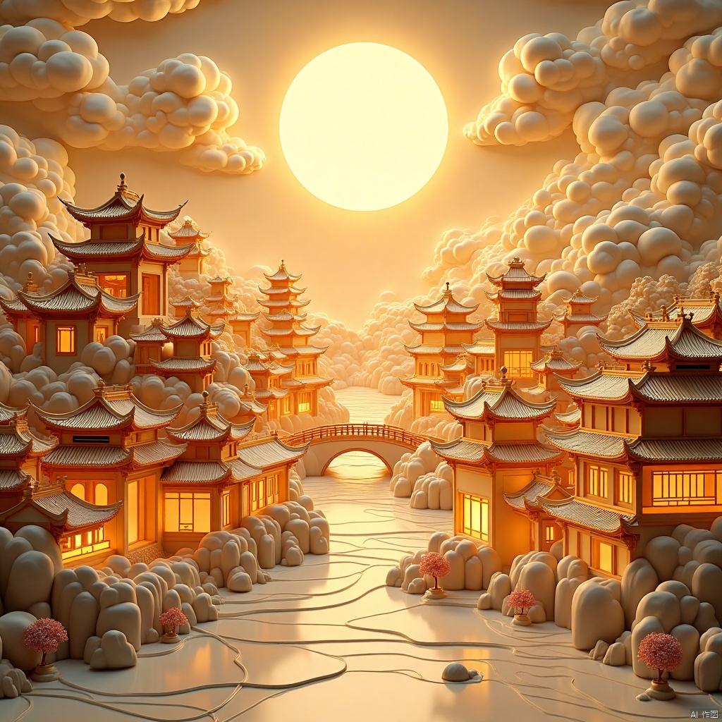 The entire scroll is dotted with three-dimensional figures, magnificent buildings, the bright moon, clouds, cloud pillars, rivers and wooden bridges (three-dimensional Chinese classical town architecture, level 0.9), (yellow light, level 0.9), showing origami effect, three-dimensional relief style , lifelike details, sculptural feel, 8K high-definition painting, Scroll of ancient painting