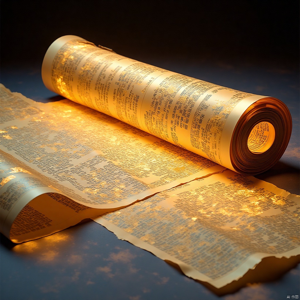 Nick Veasey,Three-dimensional Antique,Color Curve,Chen Jialing,Romantic Antique,Wang Ximeng,Huge rolled-up paper covered with calligraphy and scripture,glittering,backlighting,dark blue,Tyndall effect,ground Chinese paper covered with huge golden embroidered silk,silk light,silk light,gold lines,paper covered with a strip of silk satin full of words,32K,hdr,Scroll of ancient painting