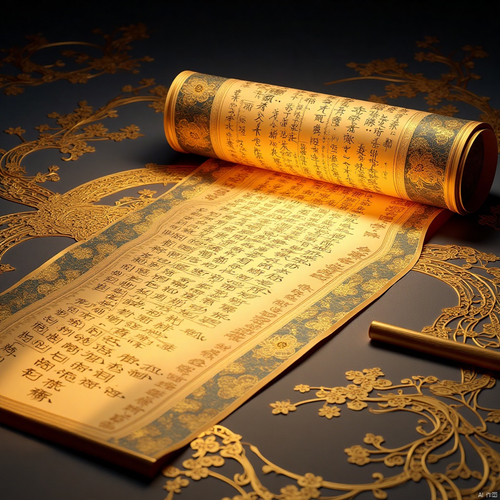 Three-dimensional antiques, color curves, Chen Jialing, romantic antiques, Wang Ximeng, huge rolled paper filled with calligraphy and scriptures, sparkling, backlighting, dark blue, Tyndall effect, Chinese rice paper covered with huge golden embroidered silk, silk Gloss, silk luster, gold thread, paper covered with a satin text, 32 karat, High Dynamic Range (HDR),Scroll of ancient painting