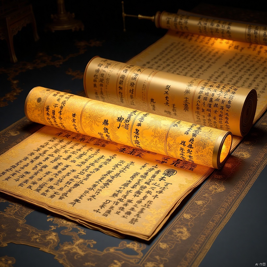 Nick Veasey,Three-dimensional Antique,Color Curve,Chen Jialing,Romantic Antique,Wang Ximeng,Huge rolled-up paper covered with calligraphy and scripture,glittering,backlighting,dark blue,Tyndall effect,ground Chinese paper covered with huge golden embroidered silk,silk light,silk light,gold lines,paper covered with a strip of silk satin full of words,32K,hdr,Scroll of ancient painting