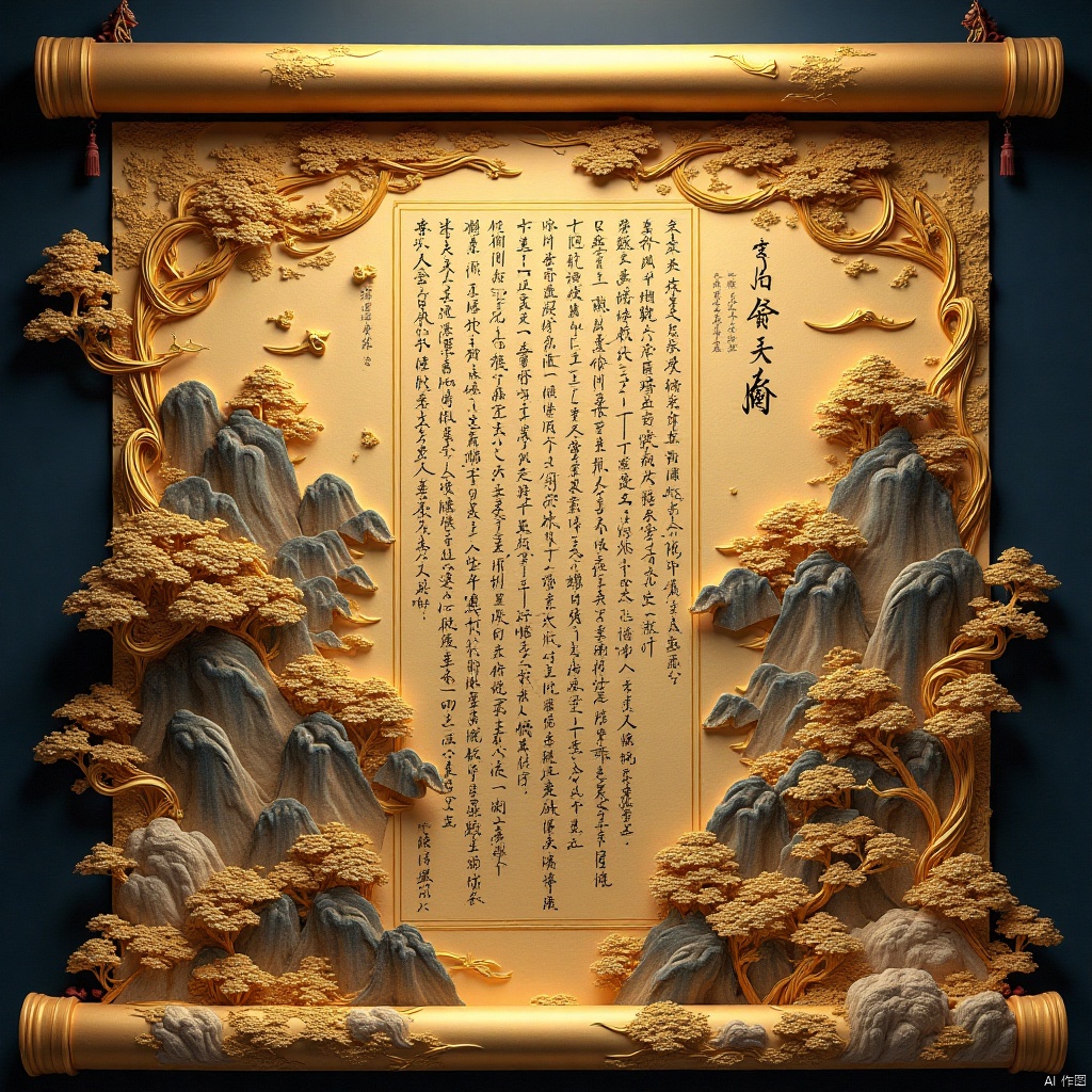 Three-dimensional antiques, color curves, Chen Jialing, romantic antiques, Wang Ximeng, huge rolled paper filled with calligraphy and scriptures, sparkling, backlighting, dark blue, Tyndall effect, Chinese rice paper covered with huge golden embroidered silk, silk Gloss, silk luster, gold thread, paper covered with a satin text, 32 karat, High Dynamic Range (HDR),Scroll of ancient painting