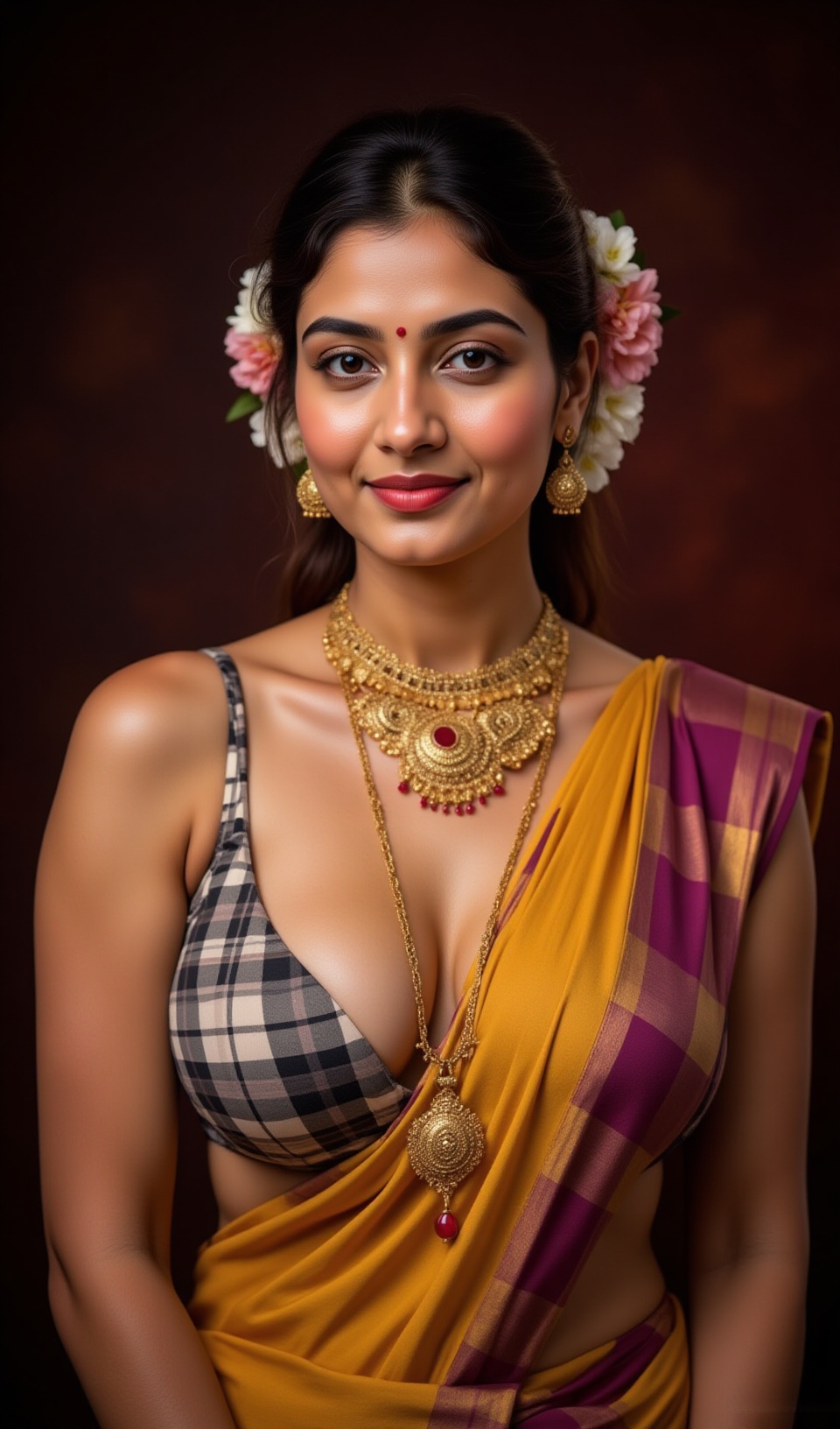 Portrait of a woman,  likely in her 30s,  with South Asian features. Medium skin tone. She is wearing a traditional South...