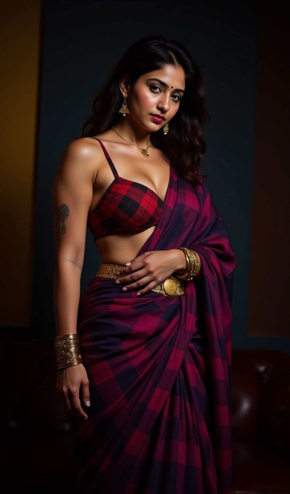 A young woman of South Indian ethnicity,  positioned slightly off-center to the left of the frame,  is draped in a purple...