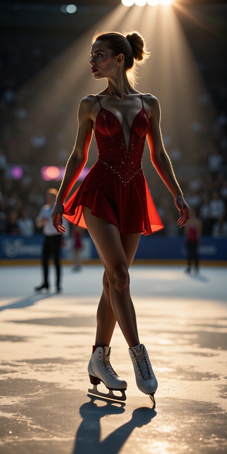 A beautiful figure skating scene: A statuesque skater stands silhouetted against a competition backdrop,  her bold lips an...