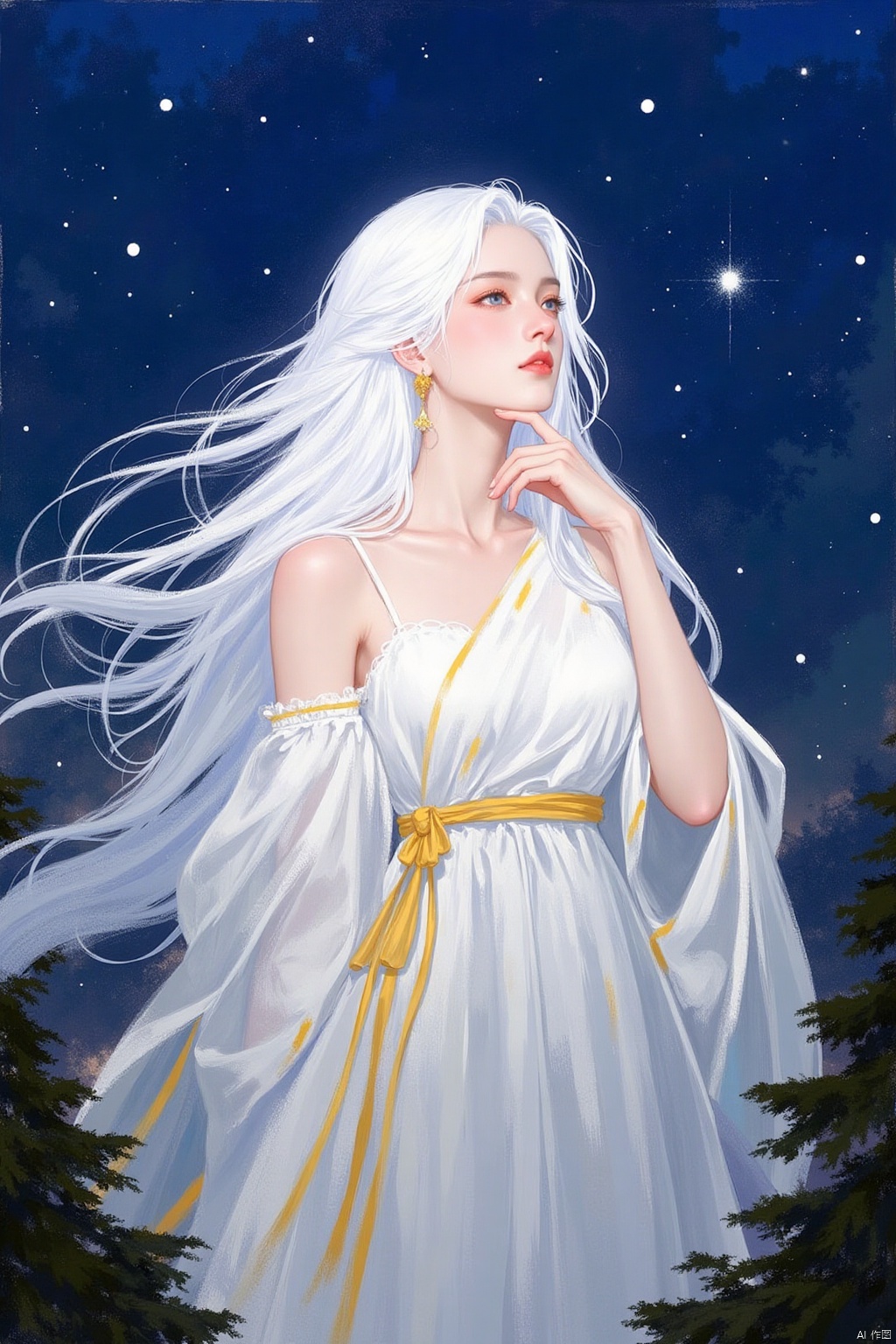 A medium-sized painting of a white woman with long white hair, wearing a white dress with a yellow sash around her waist. The woman's dress is adorned with orange accents, adding a pop of color to the scene. The background is a deep blue, with white stars scattered across the sky. There are trees in the bottom left corner of the frame, and trees on the bottom right corner.