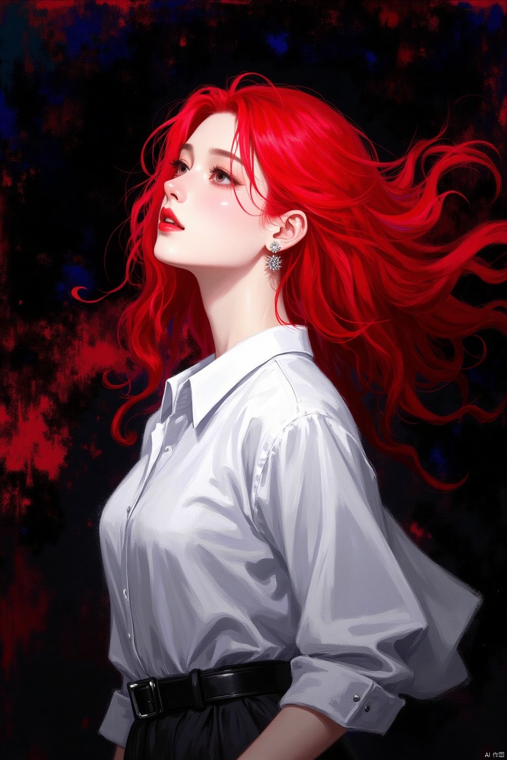 a vibrant red haired woman stands with her head turned to the left. Her eyes are open, her lips are painted a deep red, while her hair cascades over her shoulders. She is wearing a white collared button-down shirt, adorned with a black belt, adding a pop of color to her outfit. The background is a mix of black and red, creating a striking contrast to the woman's outfit.