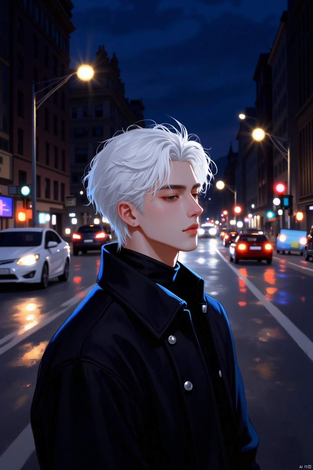 a young man with white hair stands in the middle of a busy city street at night. He is dressed in a black jacket, adorned with a white collar and buttons. His eyes are closed, adding a touch of concentration to his face. His hair is cascading over his shoulders, adding depth to the composition. The scene is lit up by a few street lights, creating a vibrant contrast against the dark sky.