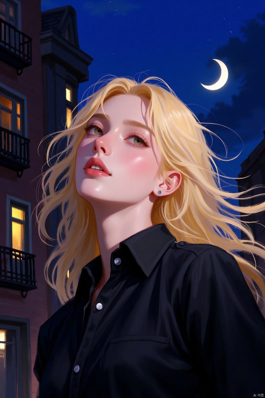 A digital art painting of a blonde woman in a black collared button down shirt. The woman's face is angled towards the left side of the frame. Her blonde hair is blowing in the wind and cascades over her shoulders. The sky is a deep blue with a crescent moon in the upper right corner. The building to the left of the woman is a two story brown building with a black balcony on the front. The windows are lit up with yellow lights.