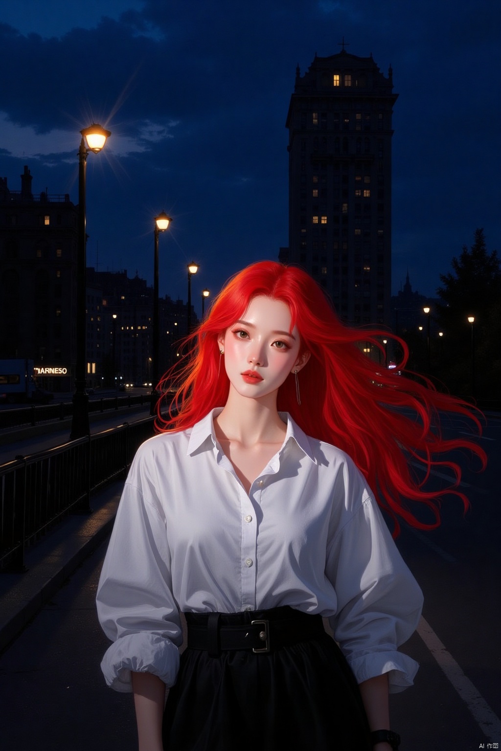 a vibrant red haired woman with long, wavy red hair stands in front of a dark backdrop of a cityscape. The woman's face is adorned with a white button-down long-sleeved blouse and a black skirt with a black belt tied around the waist. Her hair cascades over her shoulders, adding a pop of color to the scene. To the left of the woman, a black railing stretches across the street, adding depth to the composition. In the background, a tall building stands tall, illuminated by a few street lights. The sky is a deep blue, with a few wispy clouds streaming across it.