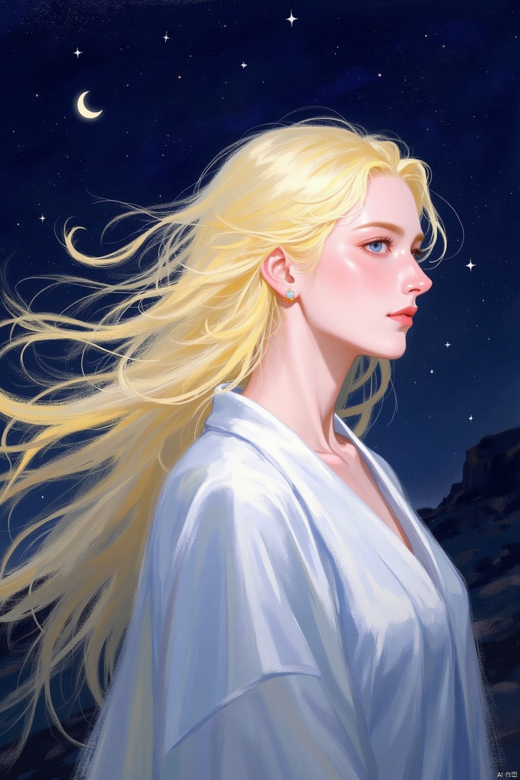 A painting of a blonde woman with long blonde hair. She is wearing a white robe that is draped over her shoulders. The woman's hair is blowing in the wind and she's looking to the right side of the frame. Her eyes are blue and her lips are red. She has earrings on her ears. The background is a dark blue sky with stars and a crescent moon.