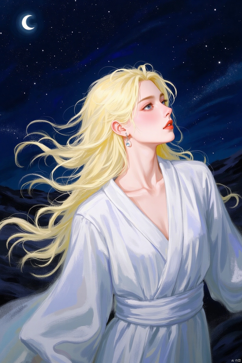 A painting of a blonde woman with long blonde hair. She is wearing a white robe that is draped over her shoulders. The woman's hair is blowing in the wind and she's looking to the right side of the frame. Her eyes are blue and her lips are red. She has earrings on her ears. The background is a dark blue sky with stars and a crescent moon.