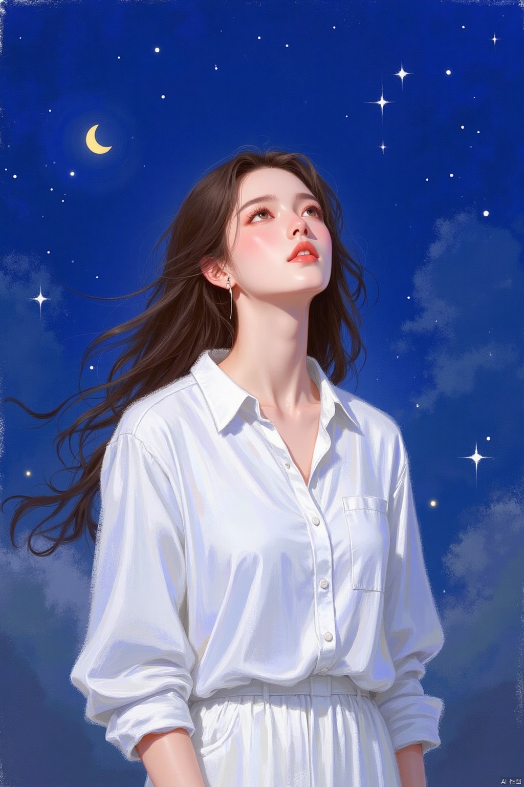 A medium-sized painting of a woman with long brown hair, wearing a white long-sleeved button-down shirt and white pants. The woman's eyes are open, and her lips are slightly parted, as if she is looking up at the sky. The sky is a deep blue, with white stars and a crescent moon in the middle of the sky, adding a touch of color to the scene.