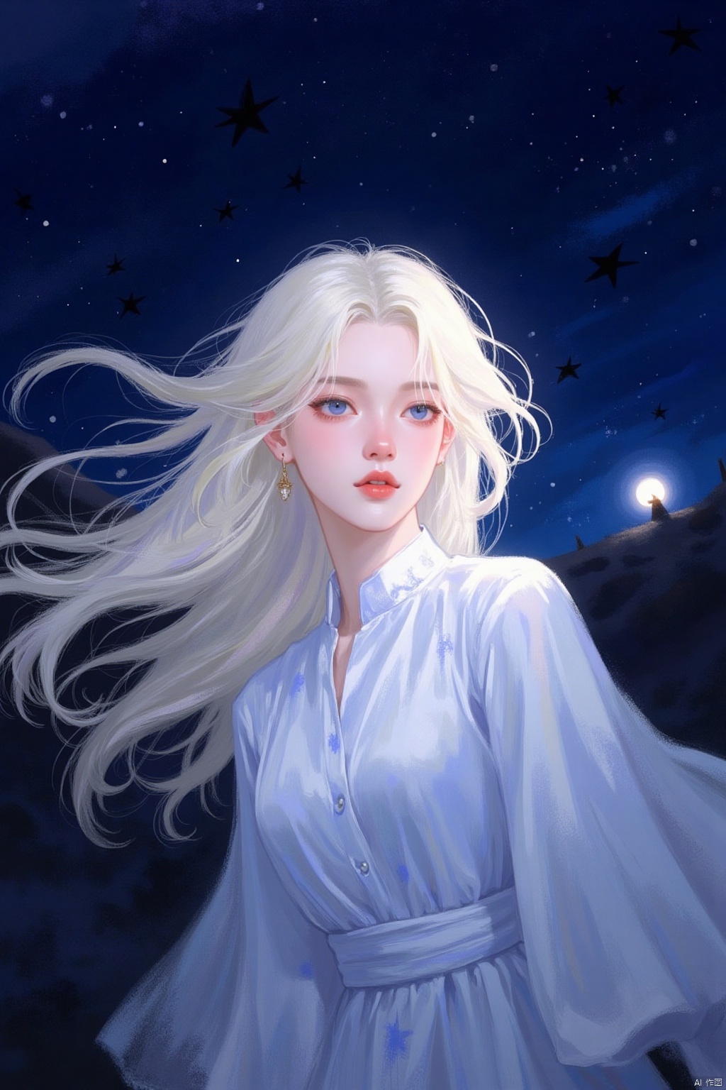A digital painting of a woman with long blonde hair. She is wearing a white long sleeved dress. The dress is white with blue designs on it. The woman's hair is blowing in the wind. Behind her is a dark blue sky with a light shining on the right side of the image. There are black stars in the sky.
