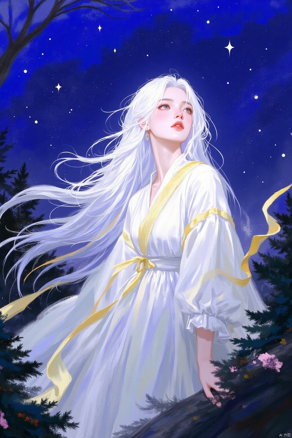 qfht,Thick coating and blending, elegant watercolor illustration,A medium-sized painting of a white woman with long white hair, wearing a white dress with a yellow sash around her waist. The woman's dress is adorned with orange accents, adding a pop of color to the scene. The background is a deep blue, with white stars scattered across the sky. There are trees in the bottom left corner of the frame, and trees on the bottom right corner.