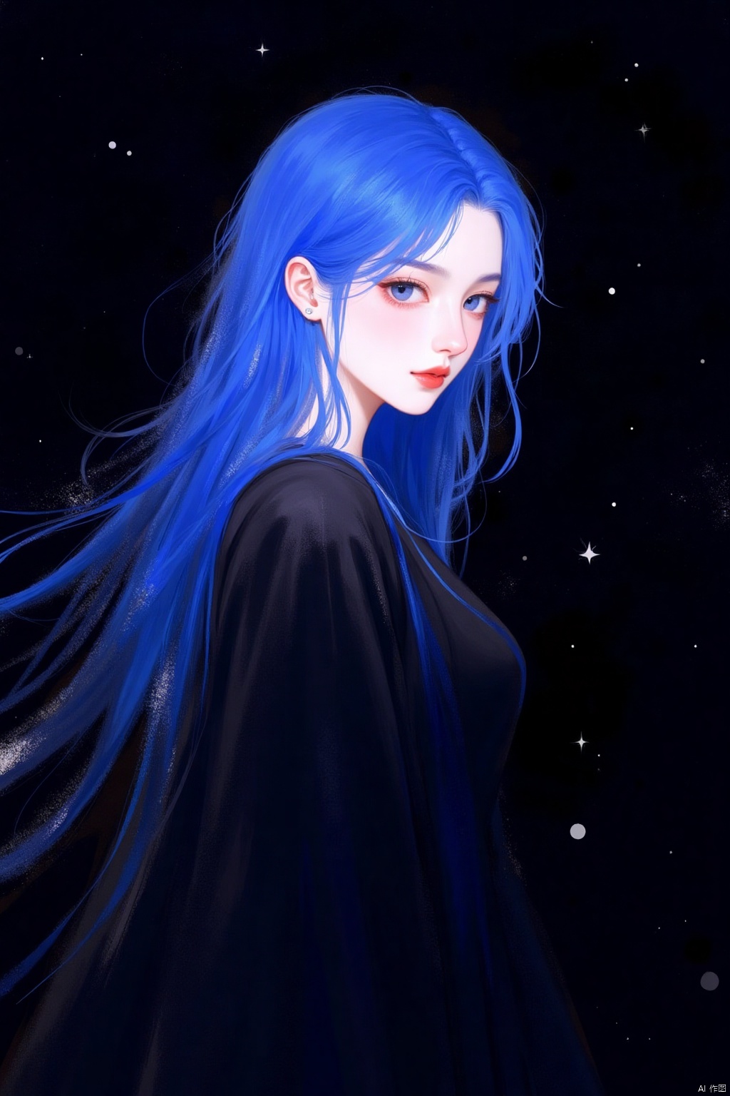 An eye-level painting of a woman with long blue hair, a white face, and red lips. The woman's hair cascades over her shoulders, and she's wearing a black dress. The background is dark, and there are white stars visible in the dark background.