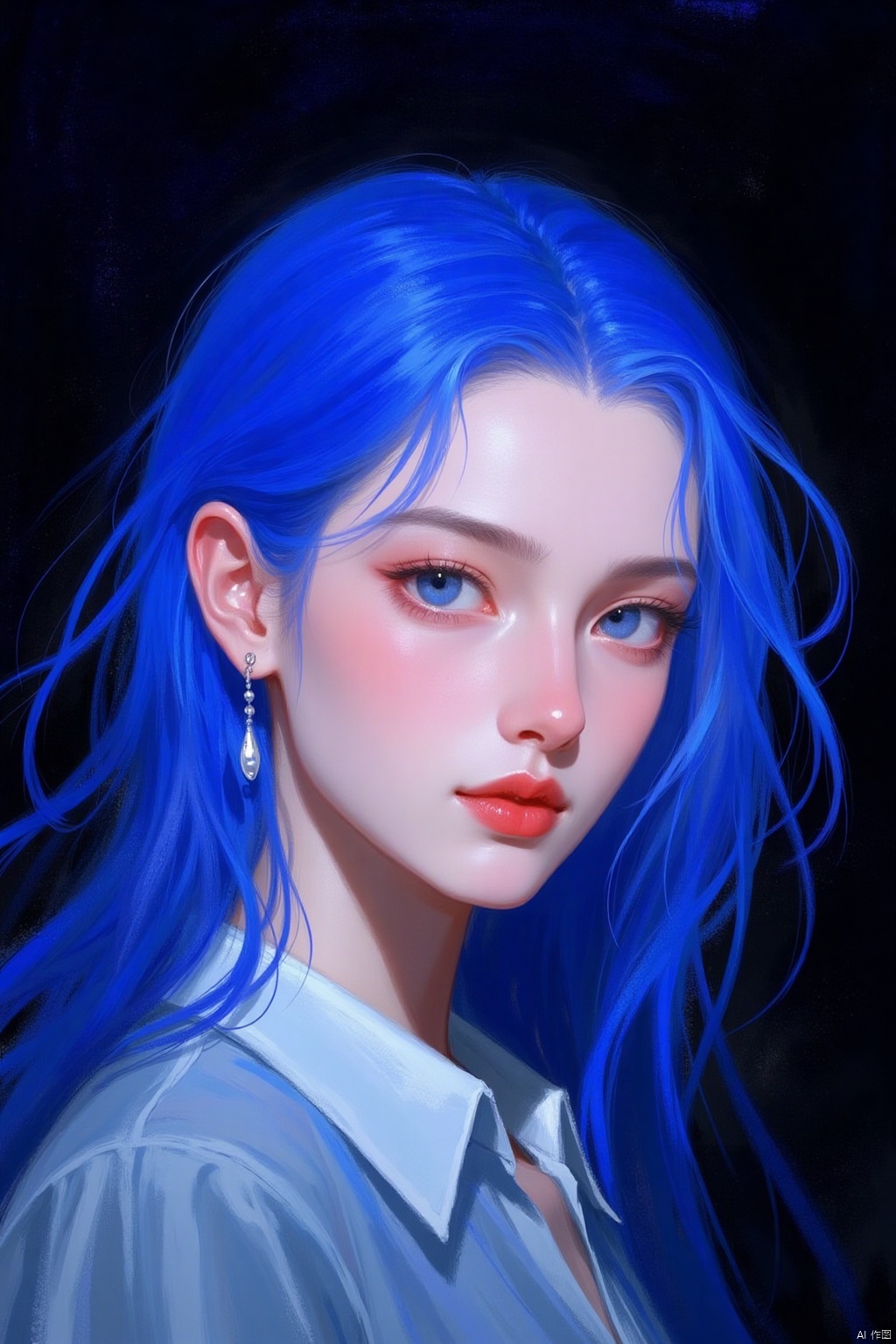 A digital art painting of a woman with long blue hair. The woman's hair is a vibrant shade of blue. Her eyes are a piercing blue. She is wearing a light blue shirt with a white collar. Her lips are a vibrant red color. Her hair is pulled back in a ponytail. The background is a dark shade of black.