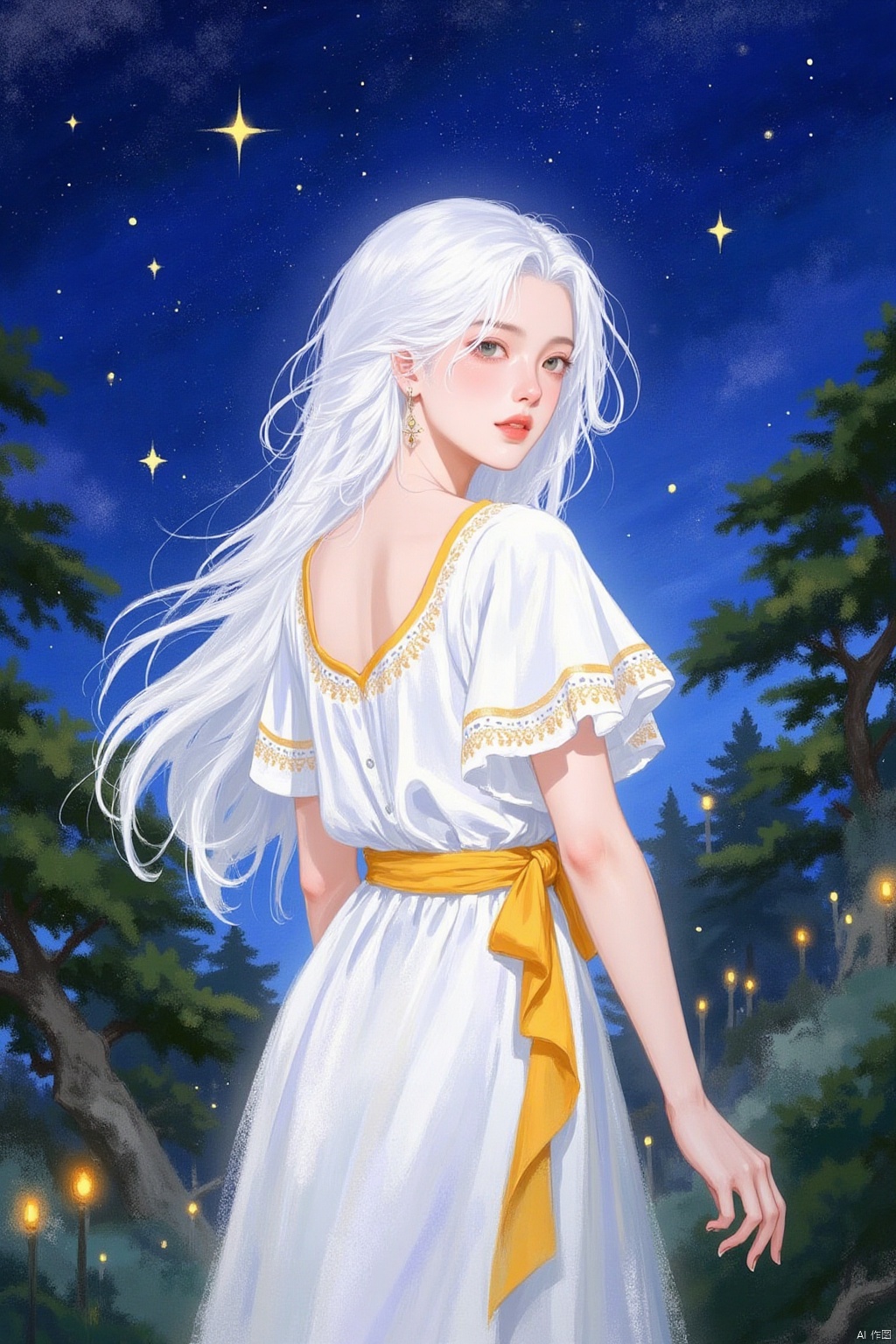 A medium-sized painting of a white woman with long white hair, wearing a white dress with a yellow sash around her waist. The woman's dress is adorned with orange accents, adding a pop of color to the scene. The background is a deep blue, with white stars scattered across the sky. There are trees in the bottom left corner of the frame, and trees on the bottom right corner.