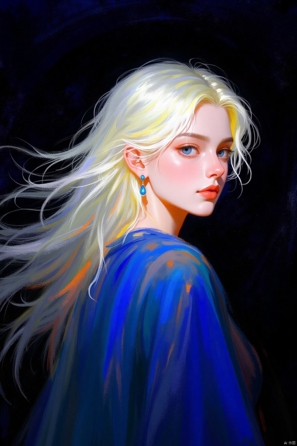 An eye-level painting of a blonde woman with long, wavy blonde hair. The woman's face is turned to the right, and her eyes are a piercing blue. Her hair is a mix of white, yellow, and blue, and she's wearing a blue, orange, and green dress. The background is dark, and the woman's dress is a vibrant blue, while the background is a blend of black and blue.