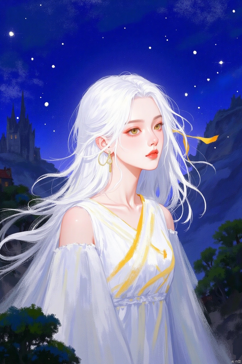 qfht,Thick coating and blending, elegant watercolor illustration,A medium-sized painting of a white woman with long white hair, wearing a white dress with a yellow sash around her waist. The woman's dress is adorned with orange accents, adding a pop of color to the scene. The background is a deep blue, with white stars scattered across the sky. There are trees in the bottom left corner of the frame, and trees on the bottom right corner.