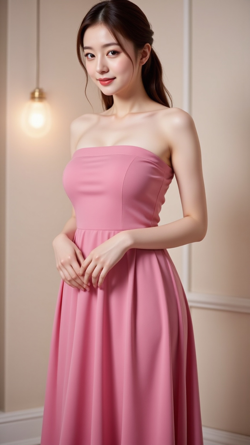 Create a vibrant image of a young Asian woman with bright pink lips and a faint smile,  wearing a tube-neck A-line dress....