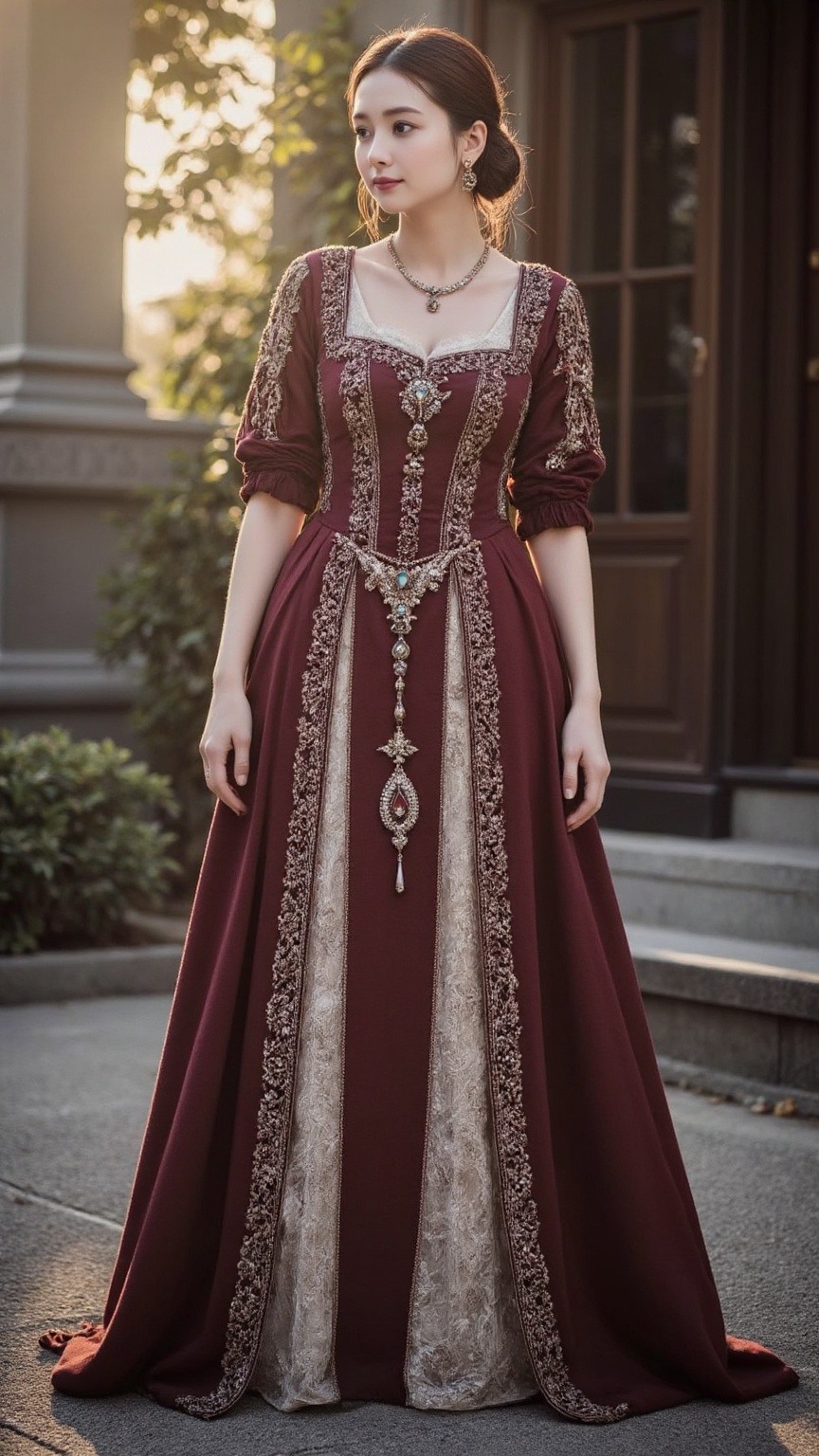 Create a captivating image of a young Asian woman with a faint smile,  featuring a perfect feminine figure. She is dressed...