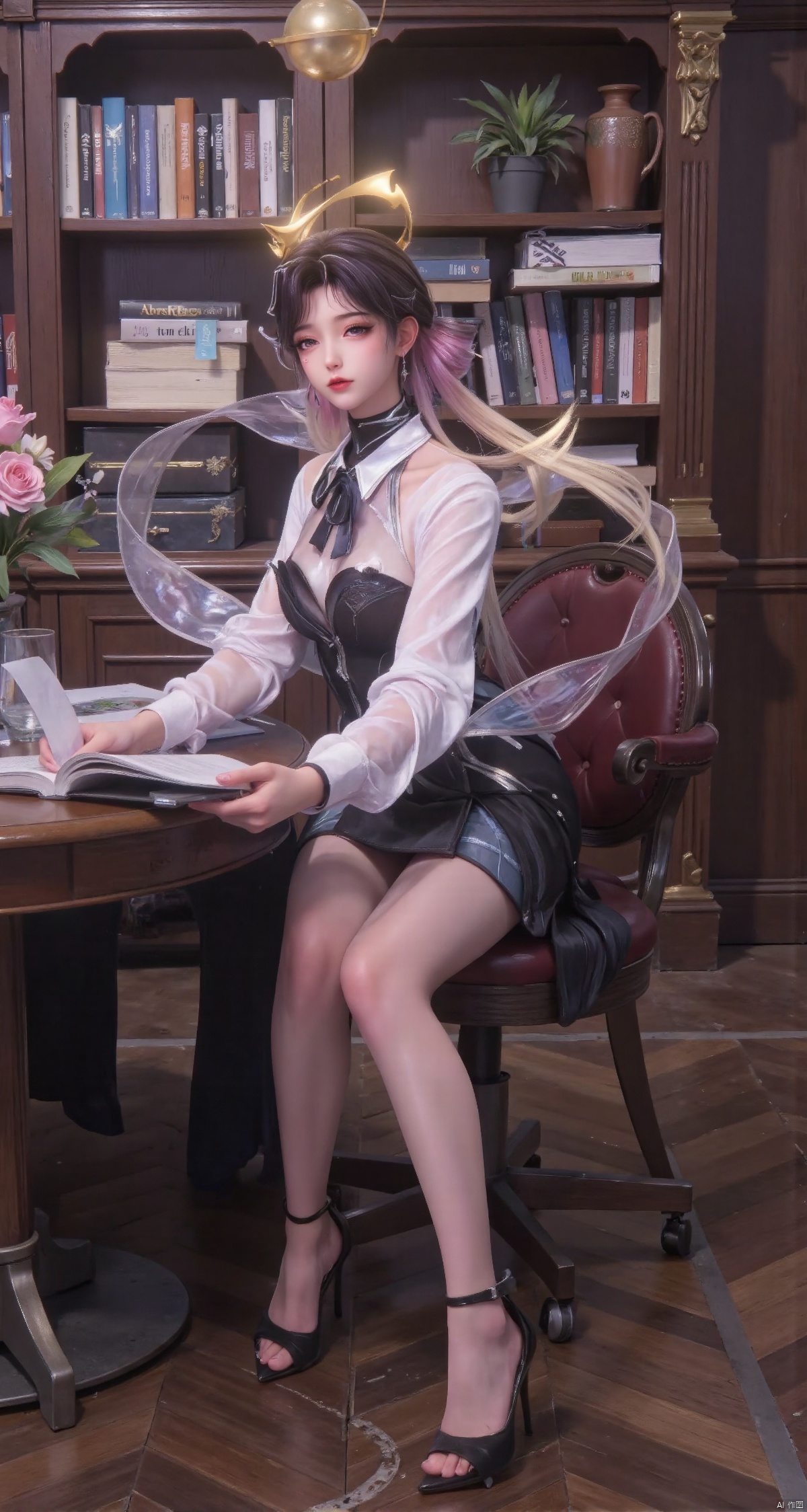 Realistic photo, 1girl, ponytail, fair skin, big breasts, school uniform, plaid skirt, shiny pantyhose, long legs, high heels, full body, large luxury library, sitting at reading table,