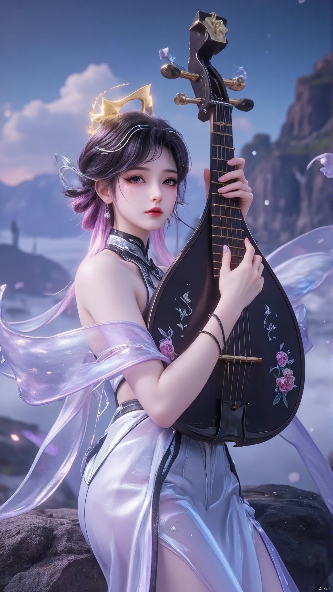 In the vast dreamlike fairyland, a fairy with graceful figure and short black hair sat quietly on the fairy stone in the distance. In her arms she held the pipa, a simple yet extremely gorgeous Chinese musical instrument. The fairy is dressed in a gauze white dress, and her clothes are fluttering gently in the wind, as if she is surrounded by the spirit of a fairy. The corners of her clothes are also embroidered with lively flowers and flying butterfly shadows, as if she will break out of her clothes at any time and fly to this vast fairyland. She has a beautiful face, her skin is as good as snow, her eyebrows are as dark as afar, and her eyes seem to be filled with bright stars. She stared intently at the Yao Qin in front of her, her slender fingers gently resting on the strings. With your fingertips, the fairy music curls up, sometimes like a gurgling stream in the valley, crisp and sweet; sometimes like the breeze blowing through the bamboo forest, quiet and gentle; sometimes like the roar of cranes in the sky, ethereal and distant, the beautiful music seems to penetrate the clouds and mist , reaching every corner of the fairy world.
 
There are clouds and mist all around. The clouds and mist are not ordinary mist, but like pieces of flowing fairy clouds, white and flawless, and filled with wisps of auspicious light. In the clouds and mist, you can faintly see exotic flowers and plants swaying in the wind, and there seems to be a shimmering light on the petals, like dots of stars. In the distance, the fairy mountains stand majestic, with waterfalls and springs pouring down from the mountains. The splashing water turns into a colorful halo under the sunlight, which is so beautiful. There are also the flying cranes, soaring in groups among the clouds and mist, occasionally emitting a few clear cries, adding a bit of emptiness and elegance to this fairyland.
 
In this picturesque scenery full of fairy charm, the fairy plays the fairy harp intoxicatedly, as if integrated with the beauty of the fairy world, together forming a fascinating and breathtaking picture.