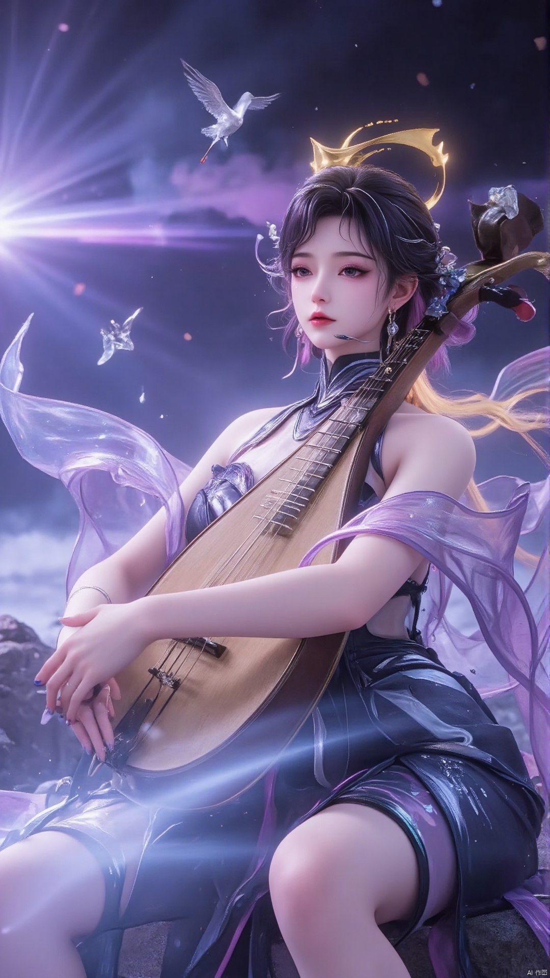 In the vast dreamlike fairyland, a fairy with graceful figure and short black hair sat quietly on the fairy stone in the distance. In her arms she held the pipa, a simple yet extremely gorgeous Chinese musical instrument. The fairy is dressed in a gauze white dress, and her clothes are fluttering gently in the wind, as if she is surrounded by the spirit of a fairy. The corners of her clothes are also embroidered with lively flowers and flying butterfly shadows, as if she will break out of her clothes at any time and fly to this vast fairyland. She has a beautiful face, her skin is as good as snow, her eyebrows are as dark as afar, and her eyes seem to be filled with bright stars. She stared intently at the Yao Qin in front of her, her slender fingers gently resting on the strings. With your fingertips, the fairy music curls up, sometimes like a gurgling stream in the valley, crisp and sweet; sometimes like the breeze blowing through the bamboo forest, quiet and gentle; sometimes like the roar of cranes in the sky, ethereal and distant, the beautiful music seems to penetrate the clouds and mist , reaching every corner of the fairy world.
 
There are clouds and mist all around. The clouds and mist are not ordinary mist, but like pieces of flowing fairy clouds, white and flawless, and filled with wisps of auspicious light. In the clouds and mist, you can faintly see exotic flowers and plants swaying in the wind, and there seems to be a shimmering light on the petals, like dots of stars. In the distance, the fairy mountains stand majestic, with waterfalls and springs pouring down from the mountains. The splashing water turns into a colorful halo under the sunlight, which is so beautiful. There are also the flying cranes, soaring in groups among the clouds and mist, occasionally emitting a few clear cries, adding a bit of emptiness and elegance to this fairyland.
 
In this picturesque scenery full of fairy charm, the fairy plays the fairy harp intoxicatedly, as if integrated with the beauty of the fairy world, together forming a fascinating and breathtaking picture.